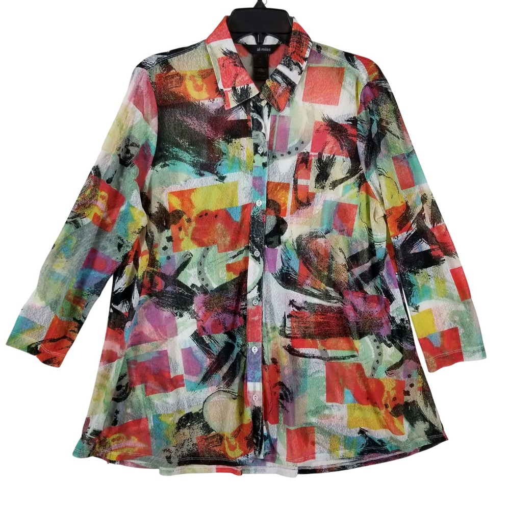 Ali Miles Womens XL Mesh Button Down Tunic Top Abstract Multi Color Art Print